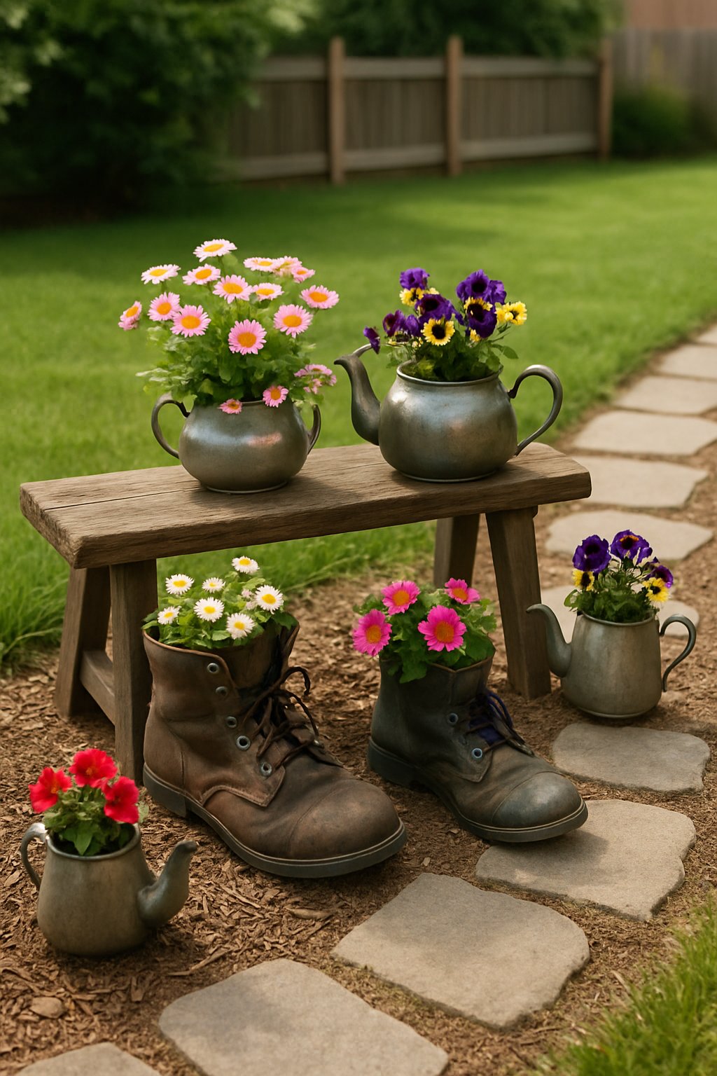 Old boots and teapots used as planters with small colorful flowers in a front yard garden.