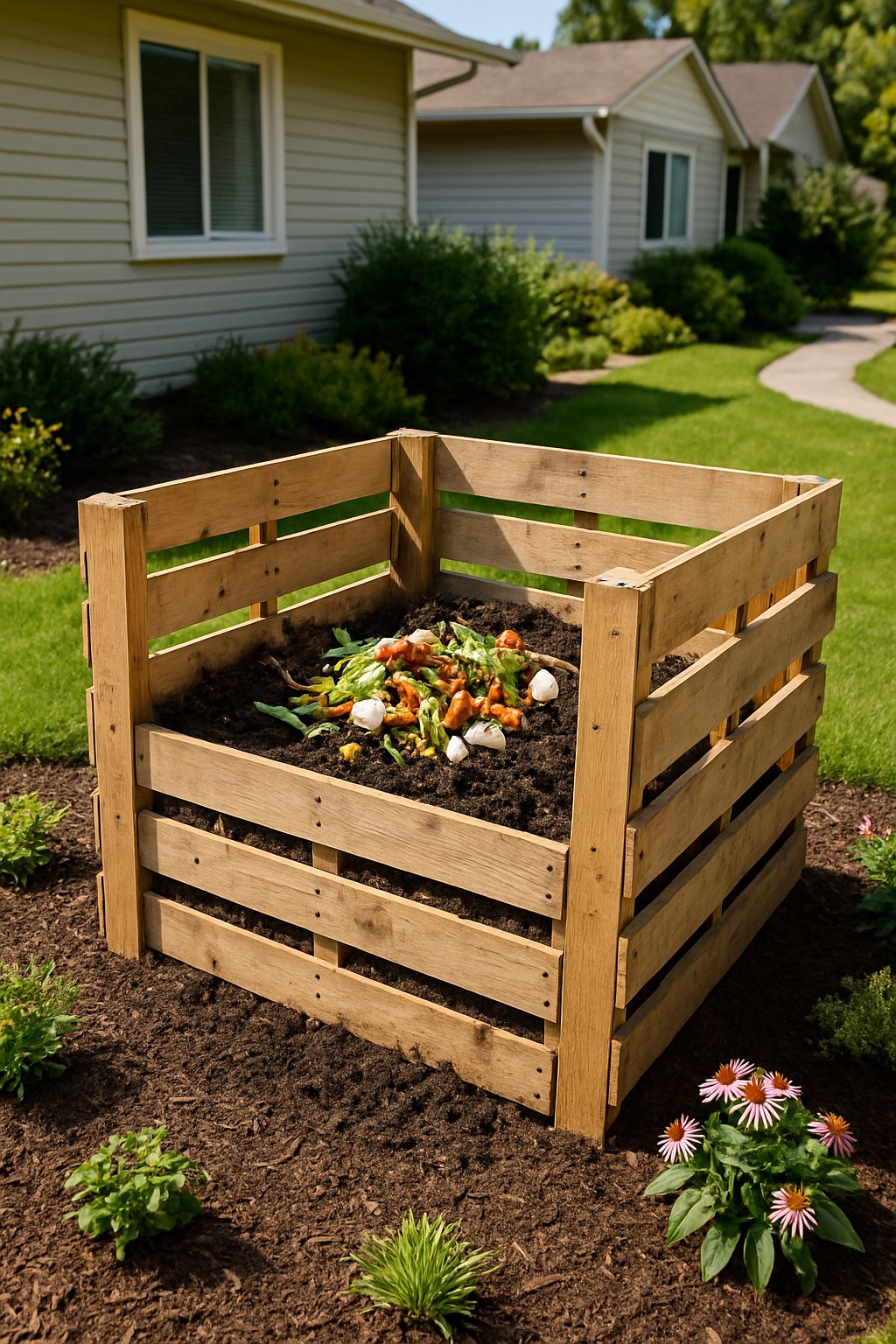 A wooden DIY compost bin filled with kitchen scraps in a front yard garden with grass, plants, and a house in the background.