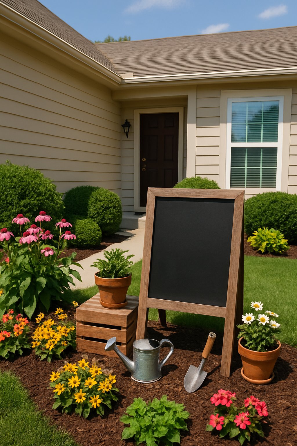 Front yard with colorful flowers, green shrubs, trimmed grass, and a rustic chalkboard sign surrounded by potted plants near a cozy house entrance.