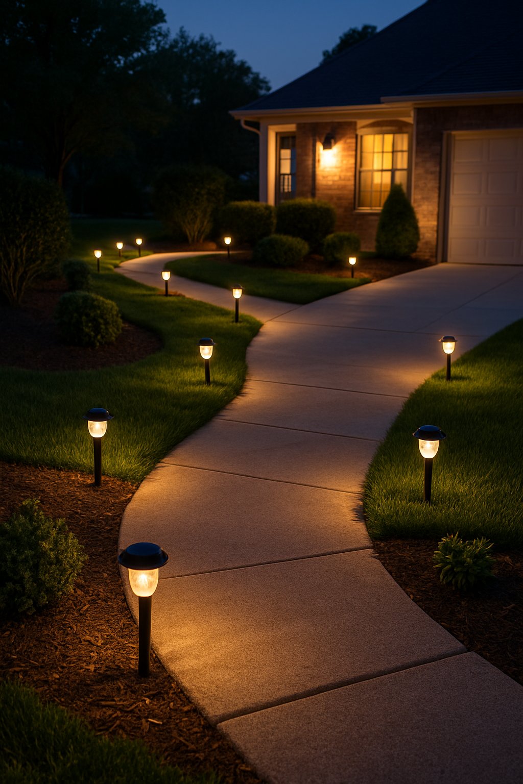 A front yard at dusk with solar stake lights outlining a driveway and garden paths, surrounded by grass and shrubs.