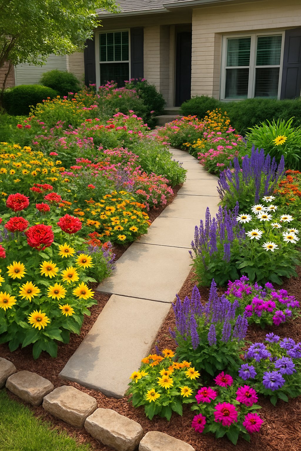 A front yard garden with a variety of colorful flowering plants and green foliage arranged along a walkway in front of a house.