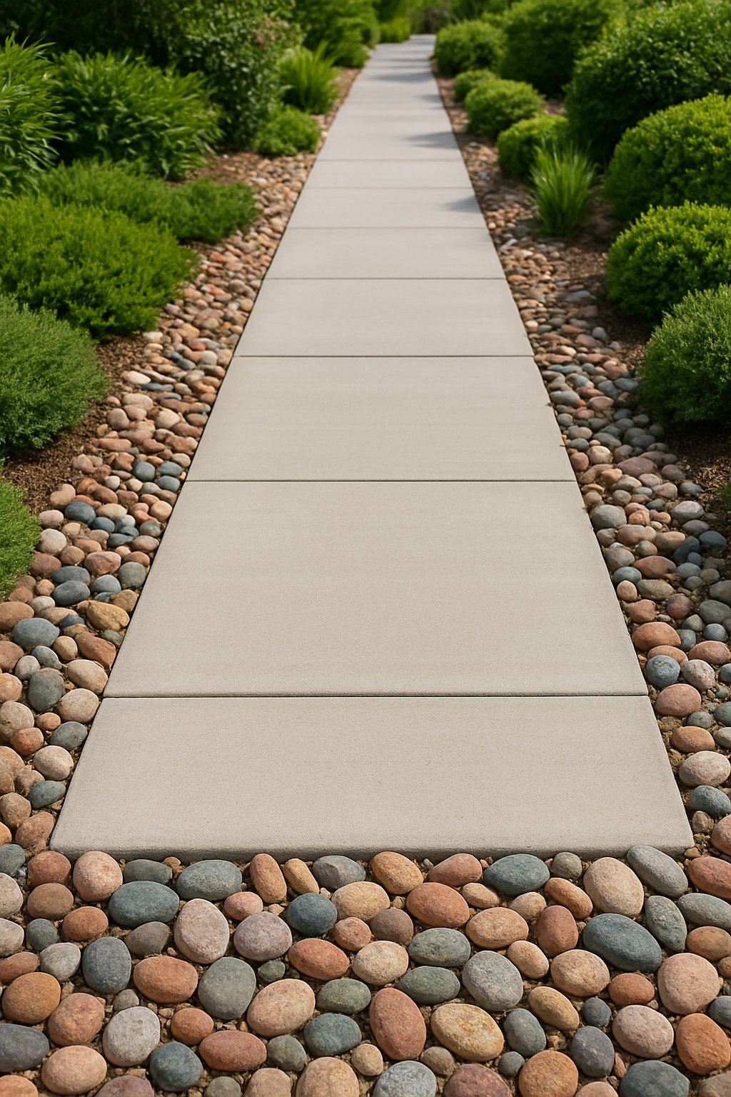 Sidewalk bordered by colorful river rocks with green plants and shrubs alongside.