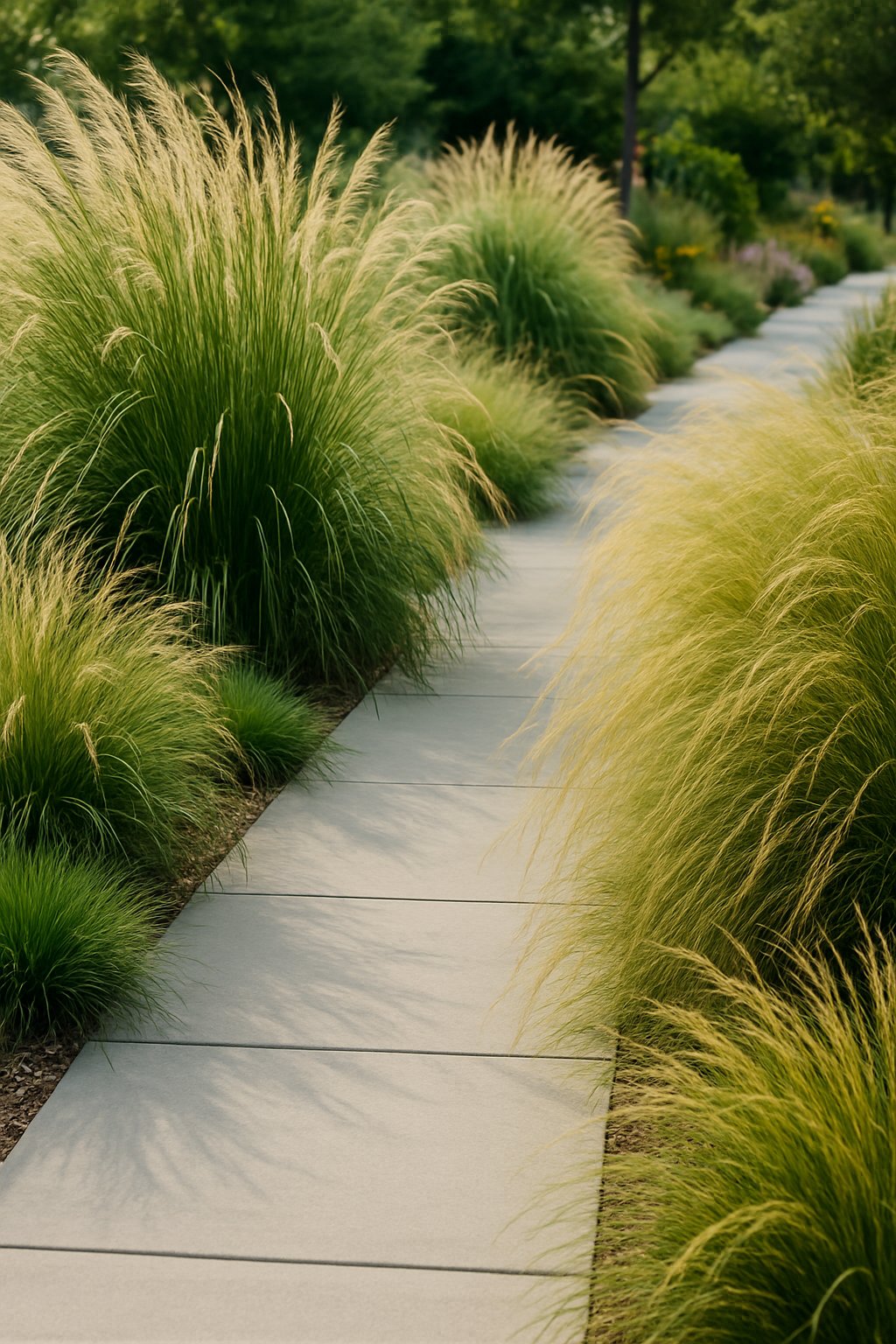 A sidewalk bordered by tall ornamental grasses gently swaying in the breeze with some small plants in the background.