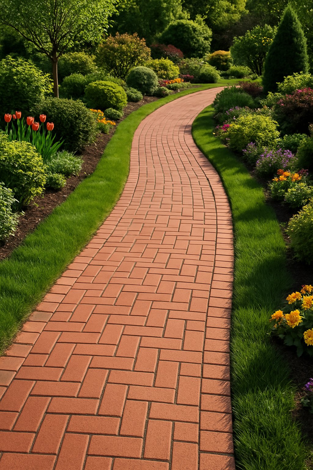 A red brick pathway surrounded by green grass and colorful flowers in a garden.