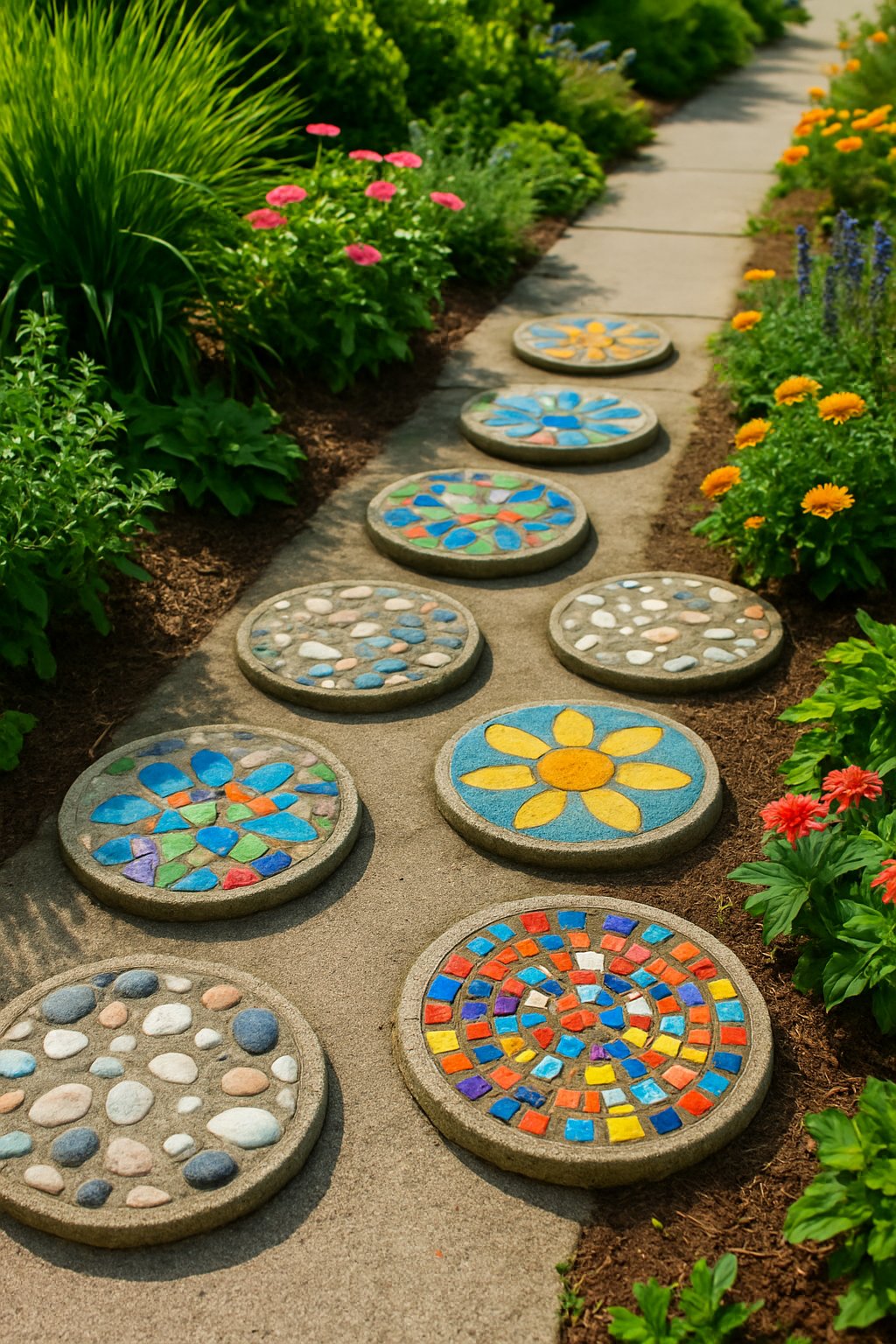 A landscaped sidewalk with various colorful and artistic stepping stones surrounded by green plants and flowers.
