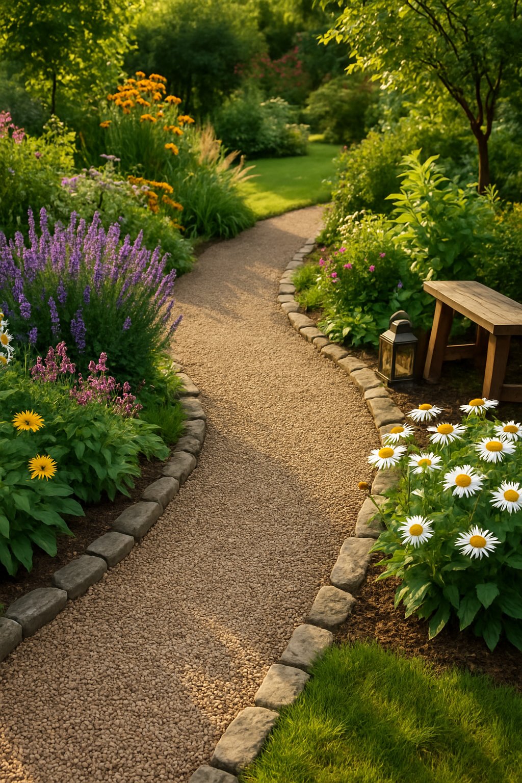 A curved pea gravel garden path bordered by plants and flowers in a green outdoor setting.