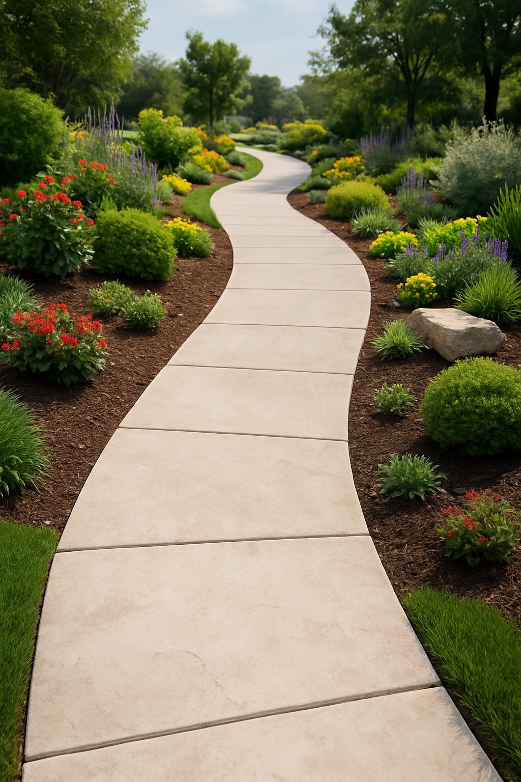A limestone walkway surrounded by green grass, plants, and flowers in a landscaped garden area.