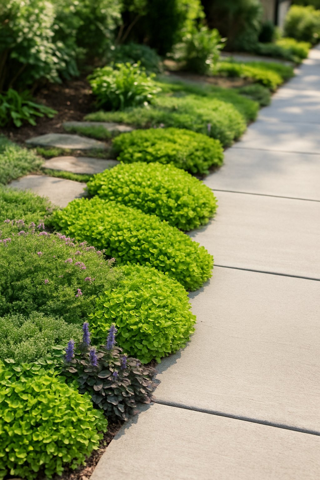 Sidewalk bordered by various green low-growing plants and small flowers in a garden setting.