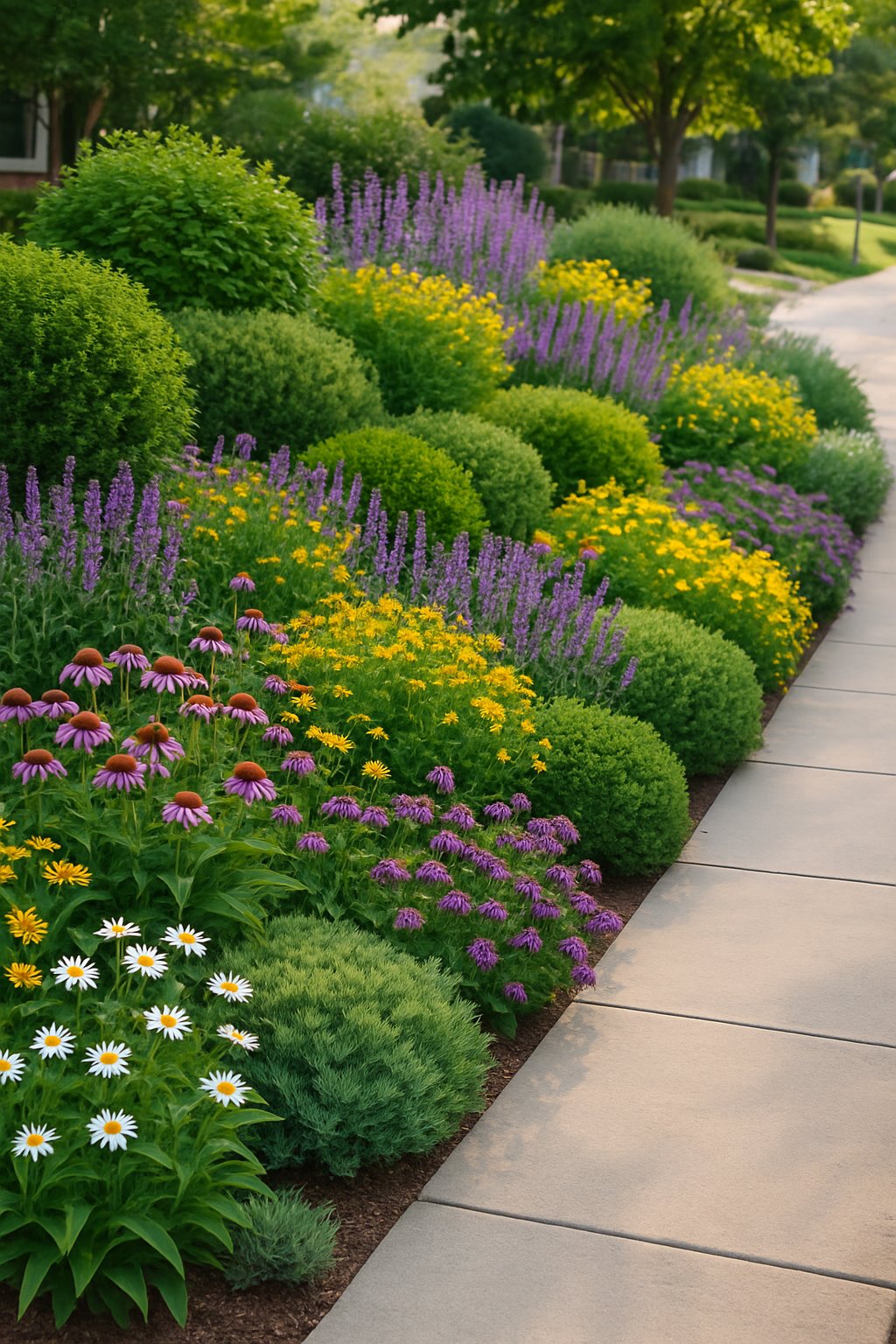 Sidewalk bordered by layered native plant beds with green foliage and colorful flowers in a residential area.