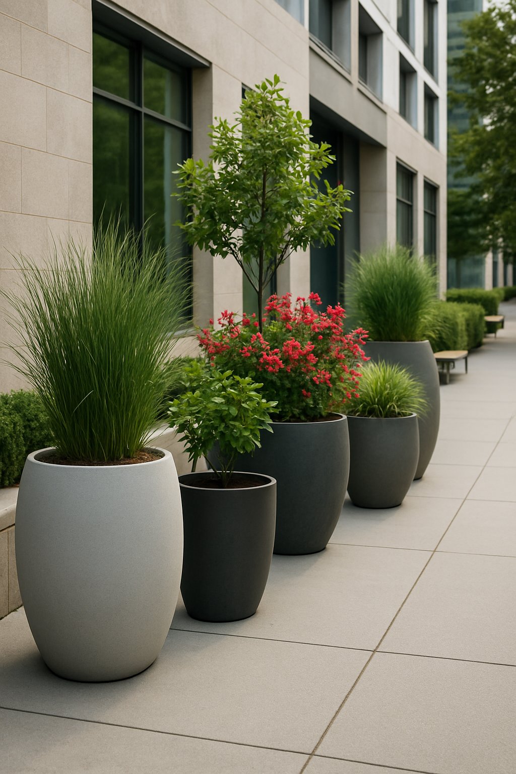 Sidewalk lined with large modern planters containing various green plants and small trees in an urban setting.