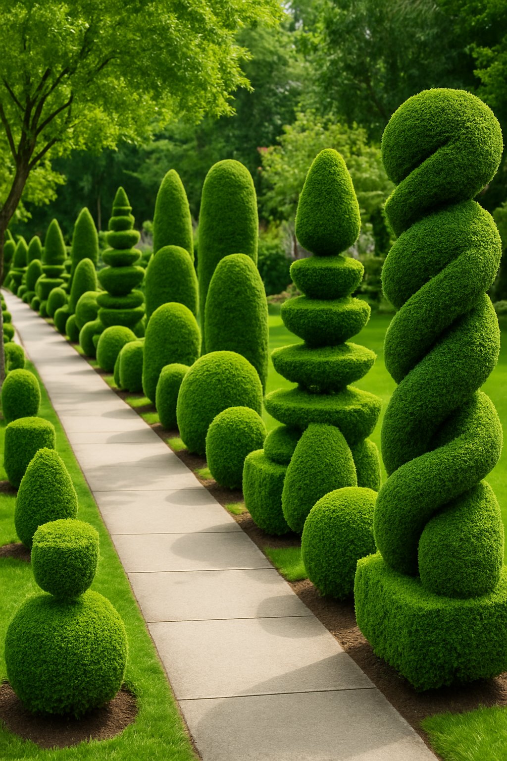 Sidewalk lined with 27 neatly trimmed sculptural boxwood hedges in various shapes along a clean pathway in a garden setting.
