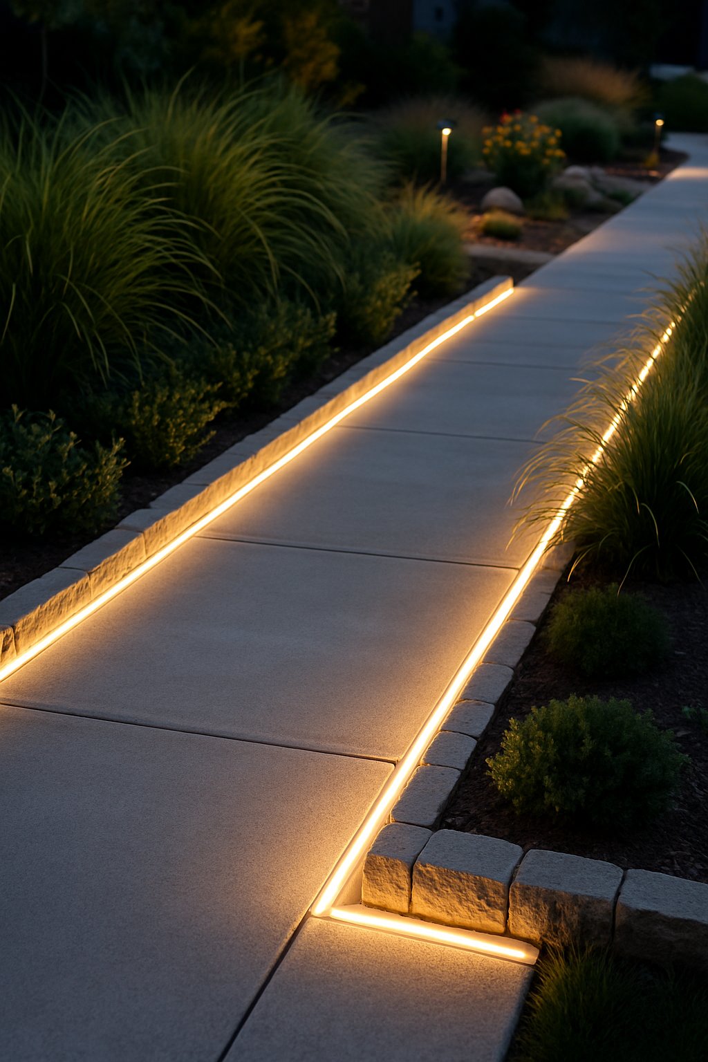 A sidewalk at dusk bordered by plants and glowing LED strip lights embedded along its edges.