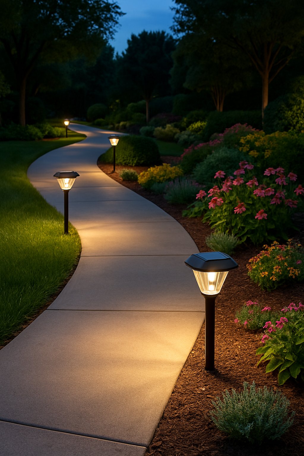A landscaped sidewalk at dusk with solar path lights illuminating the walkway surrounded by green grass and flowering plants.