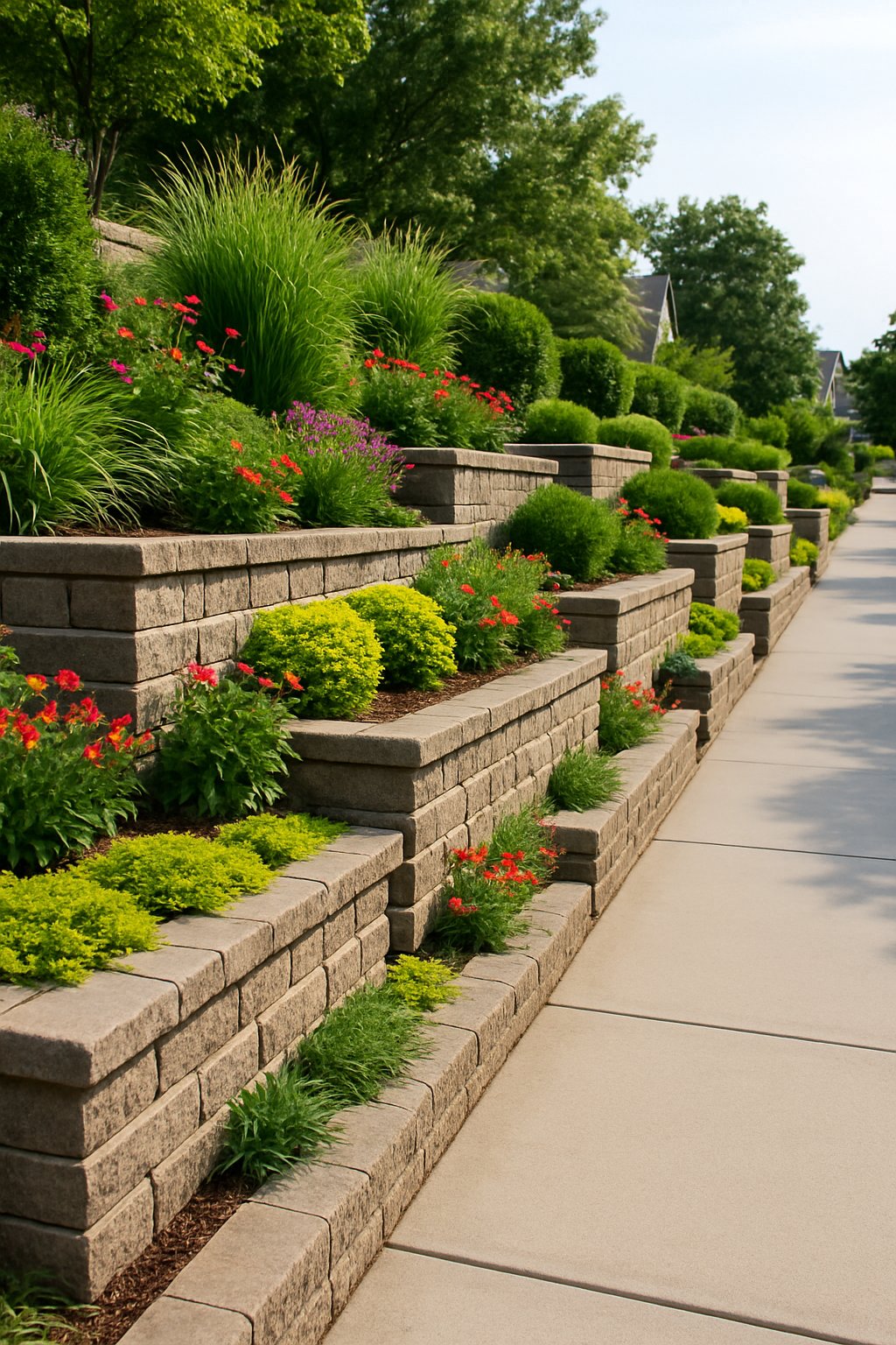 Sidewalk with multiple terraced retaining walls planted with greenery and flowers along a clean paved path.