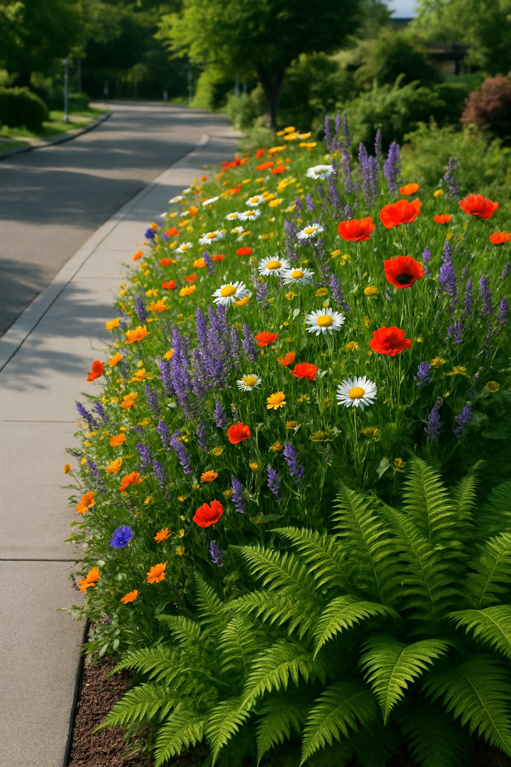 A sidewalk bordered by a colorful mix of wildflowers and green ferns in a residential area.