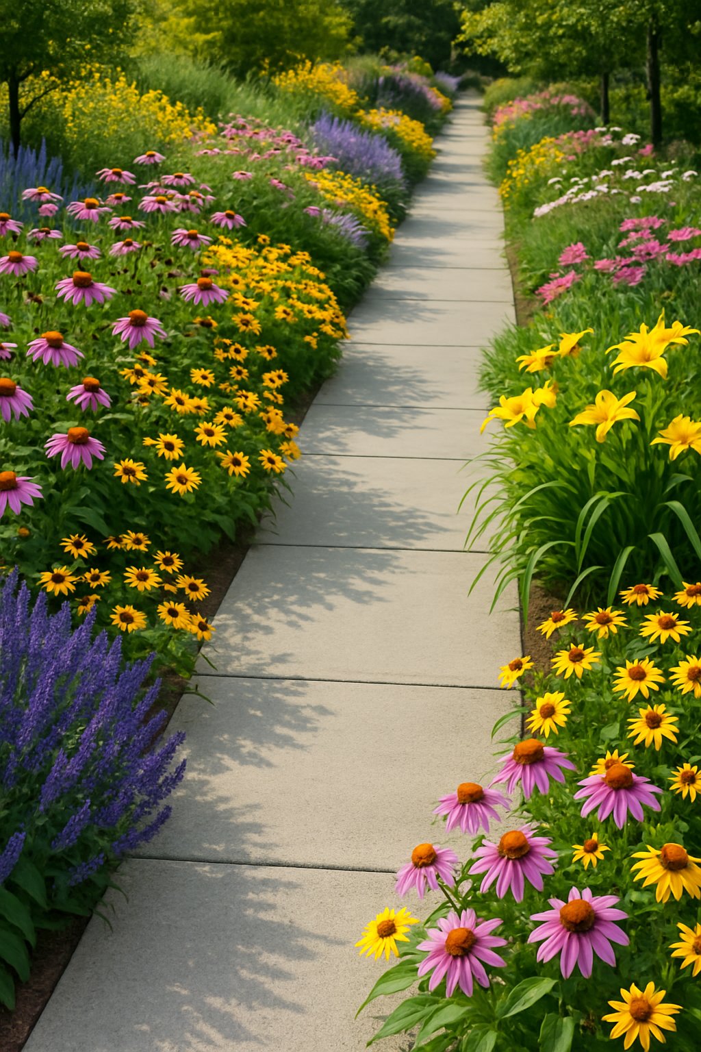 A clean sidewalk bordered by colorful blooming perennial flowers and green foliage on both sides.