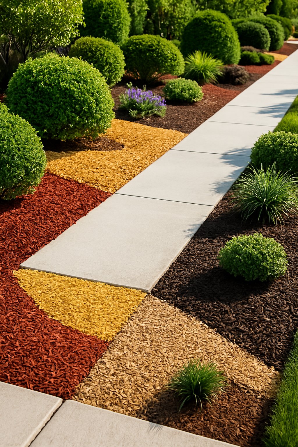 A sidewalk bordered by garden beds with various colors of mulch and green plants.