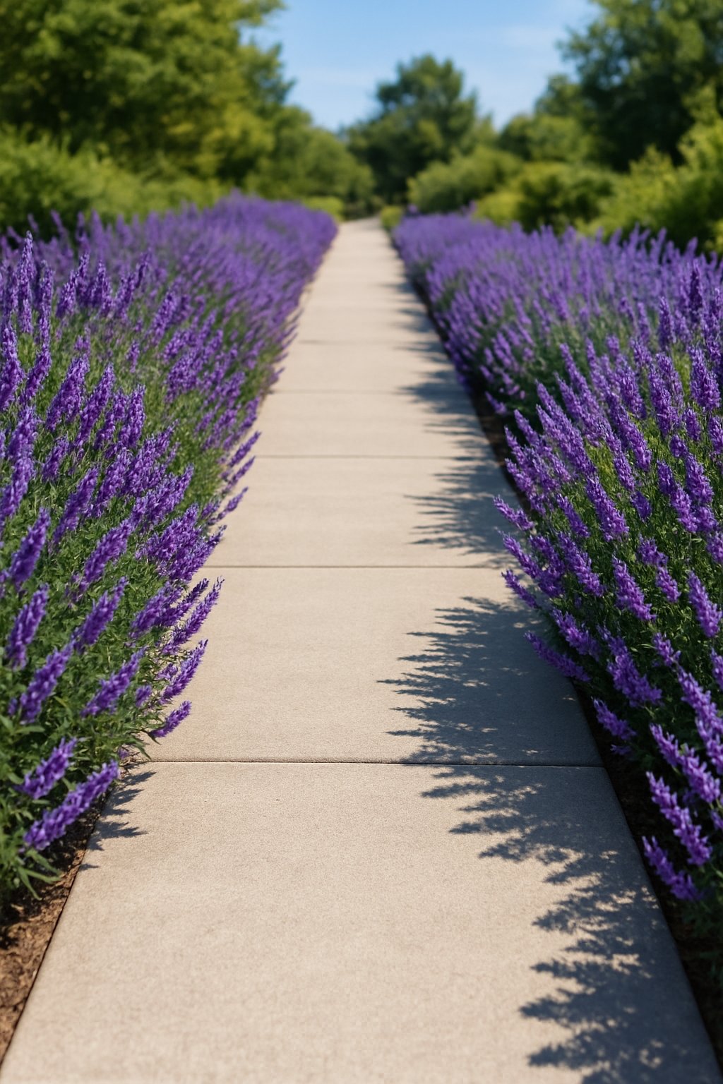 A clean sidewalk bordered on both sides by blooming lavender plants with purple flowers and green leaves under a clear sky.