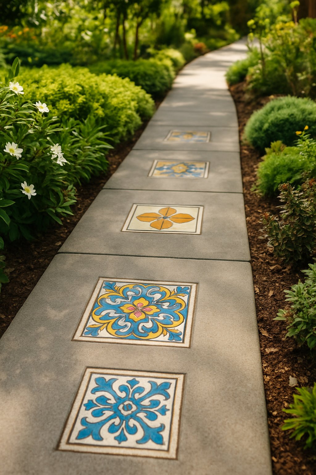 A sidewalk with colorful vintage tile inserts surrounded by green plants and flowers in a garden setting.
