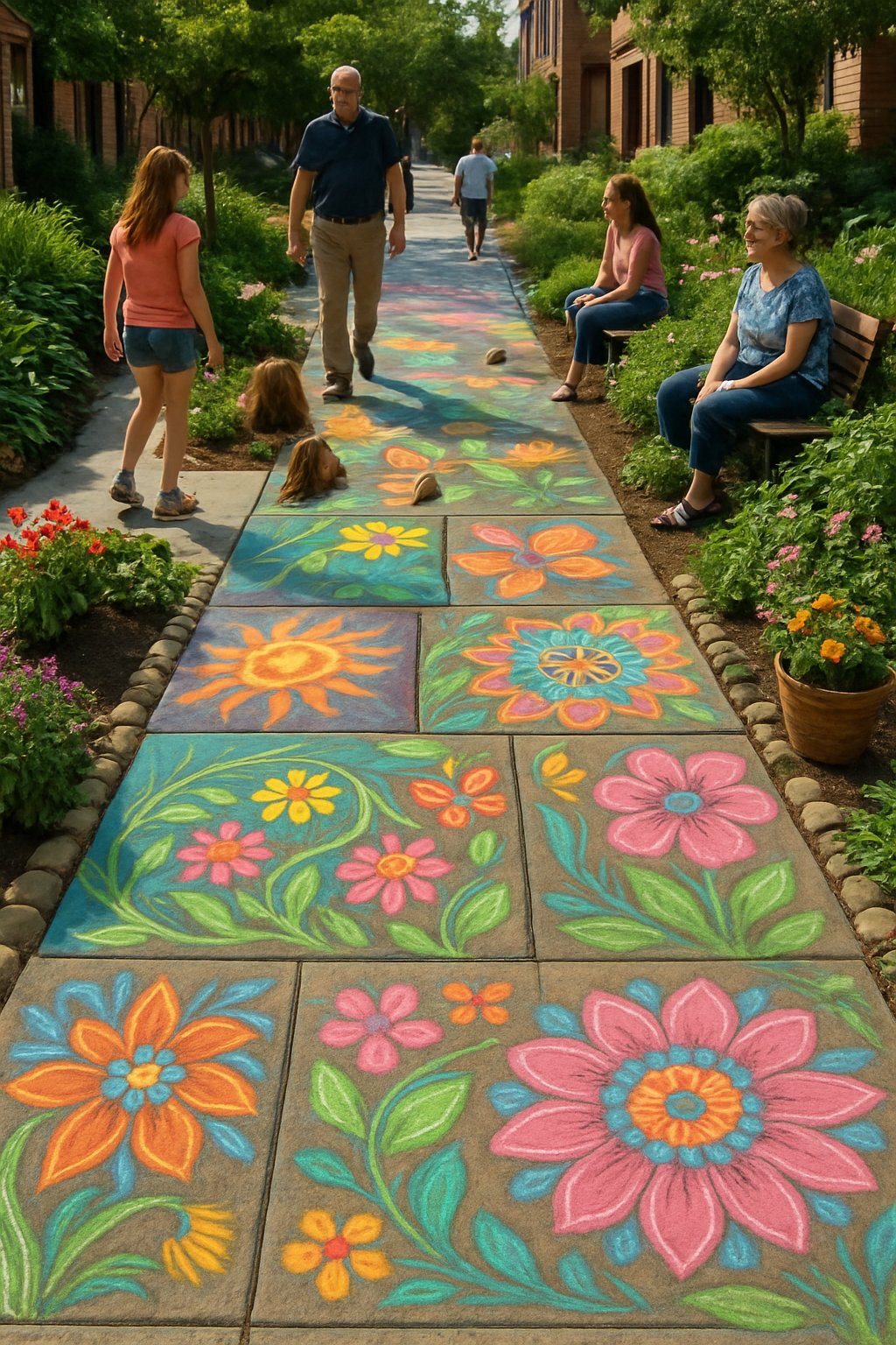 A lively sidewalk area decorated with colorful chalk drawings and surrounded by various plants and small flower beds, with people enjoying the outdoor space.