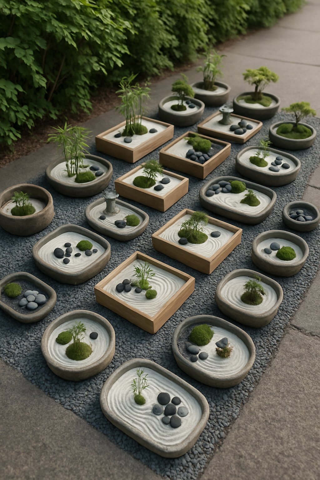 A sidewalk lined with 27 miniature Zen gardens featuring sand, pebbles, small plants, and stones in various containers surrounded by greenery.