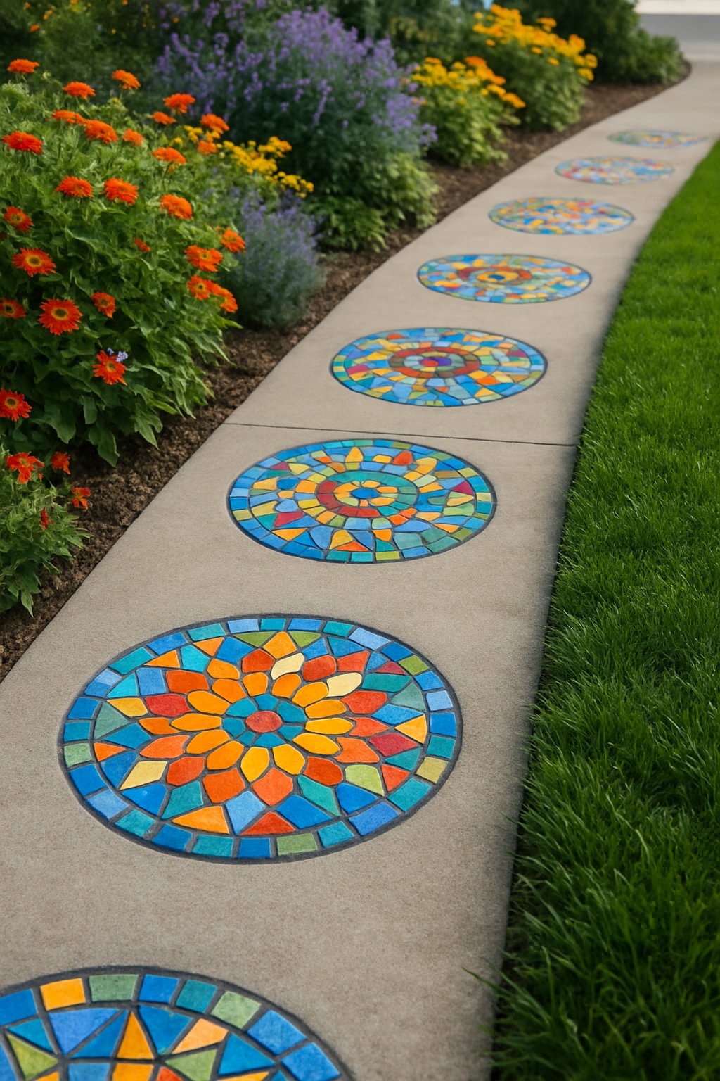 A sidewalk with colorful mosaic stepping stones surrounded by green grass and flowering plants.