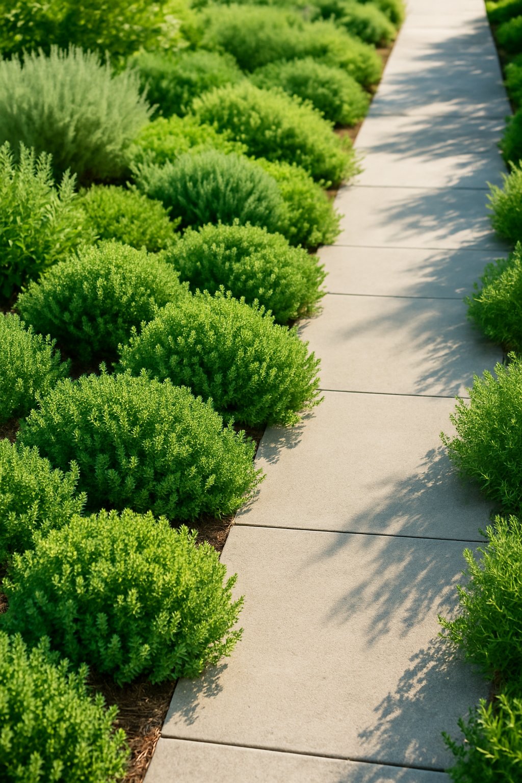 A sidewalk bordered by lush herb garden beds filled with thyme and other green plants.