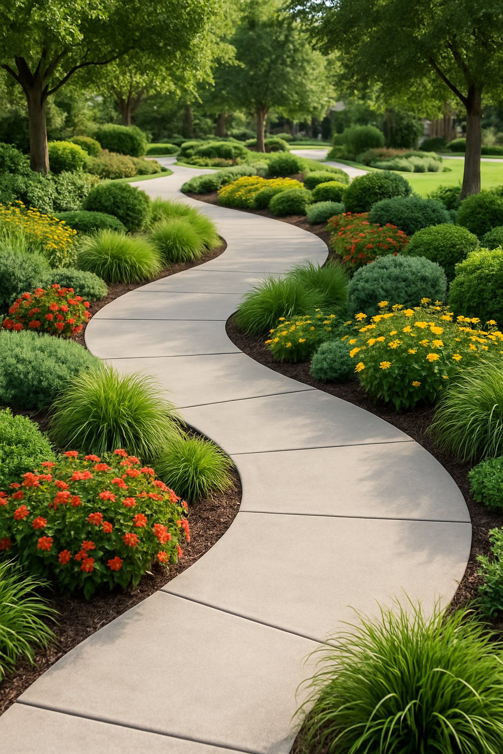Curved walkways winding through colorful plants and greenery in a landscaped outdoor area.