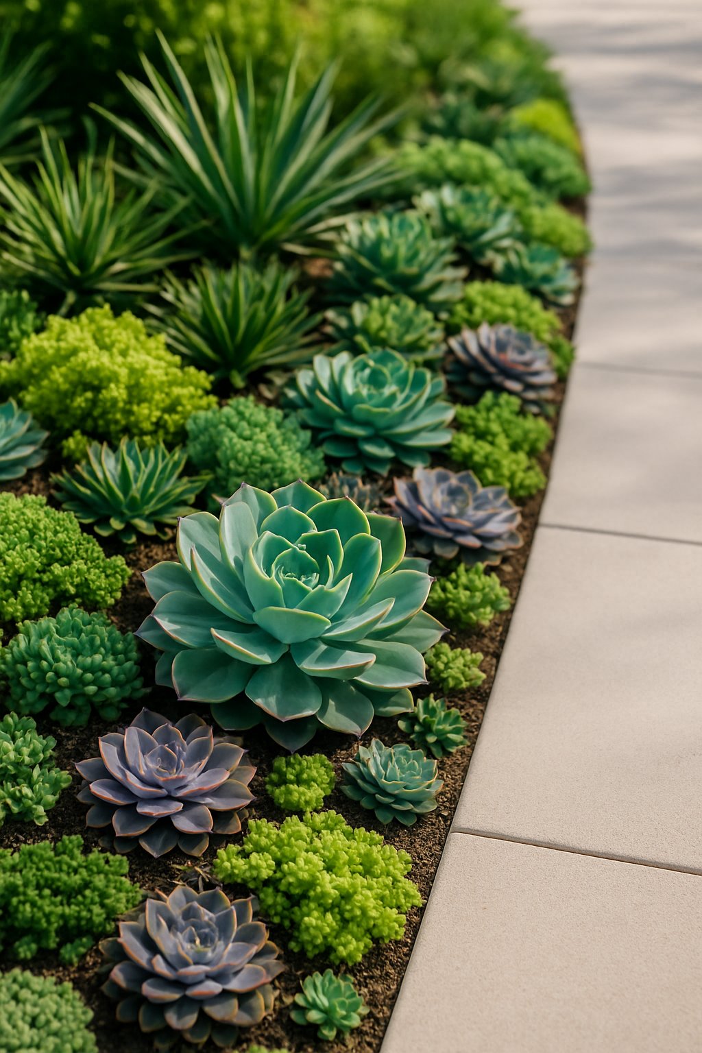 A variety of low-growing succulents planted along the edge of a concrete sidewalk.