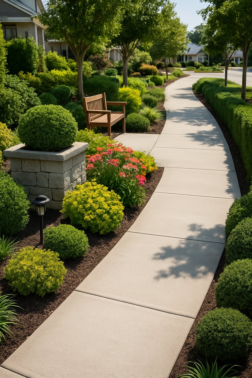 A sidewalk lined with various plants, shrubs, and decorative elements in a residential neighborhood.