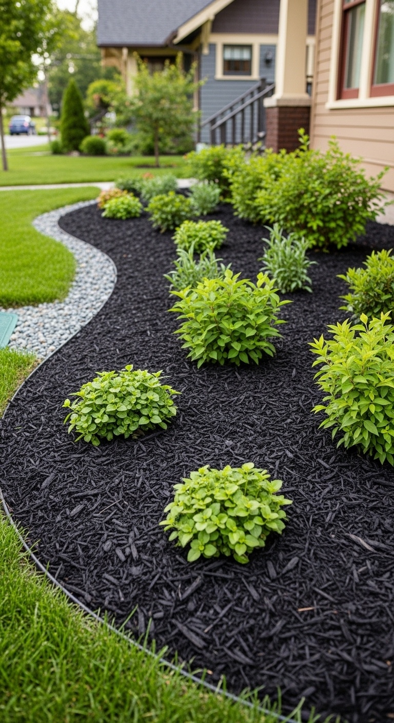 Close-up of a garden bed with thick mulch applied over soil, surrounded by green plants and a yard with visible drainage features.