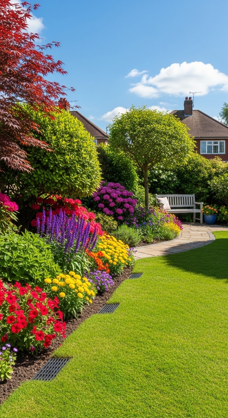 A residential garden with catch basins installed along a green lawn surrounded by flowers and shrubs on a sunny day.