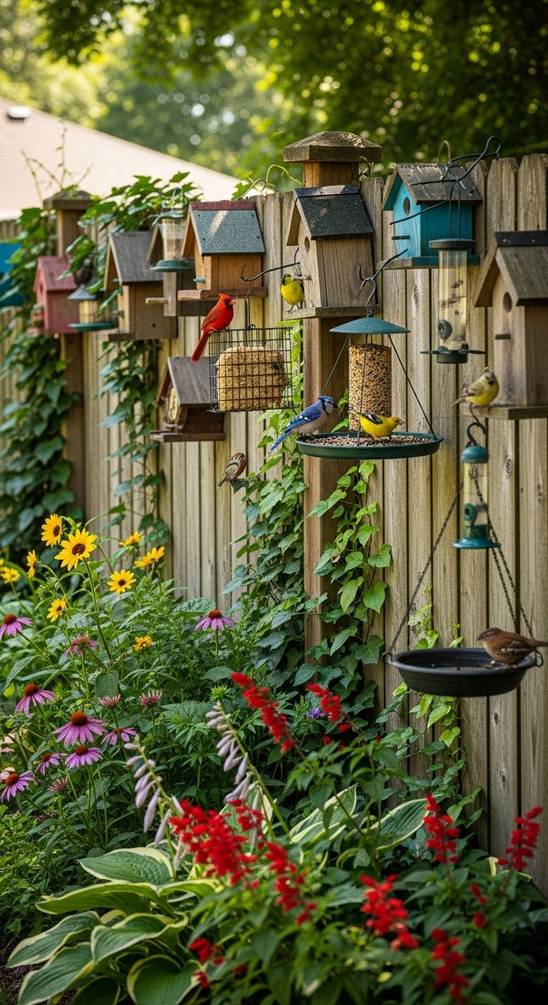 Place birdhouses or feeders to invite feathered friends