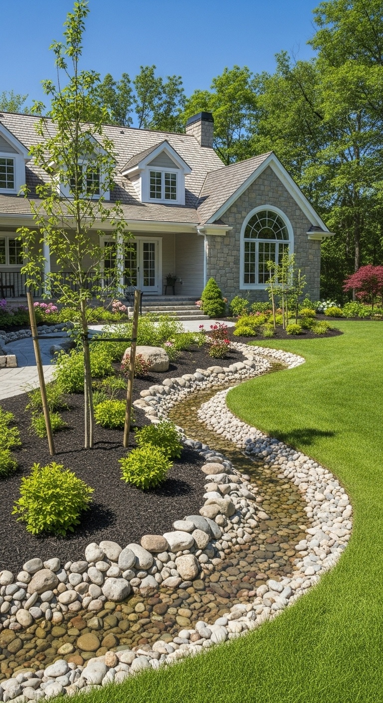A dry creek bed with river rocks and surrounding green plants in a landscaped garden.