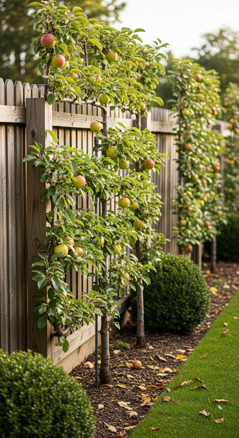 Use espalier fruit trees against the fence for a neat orchard feel