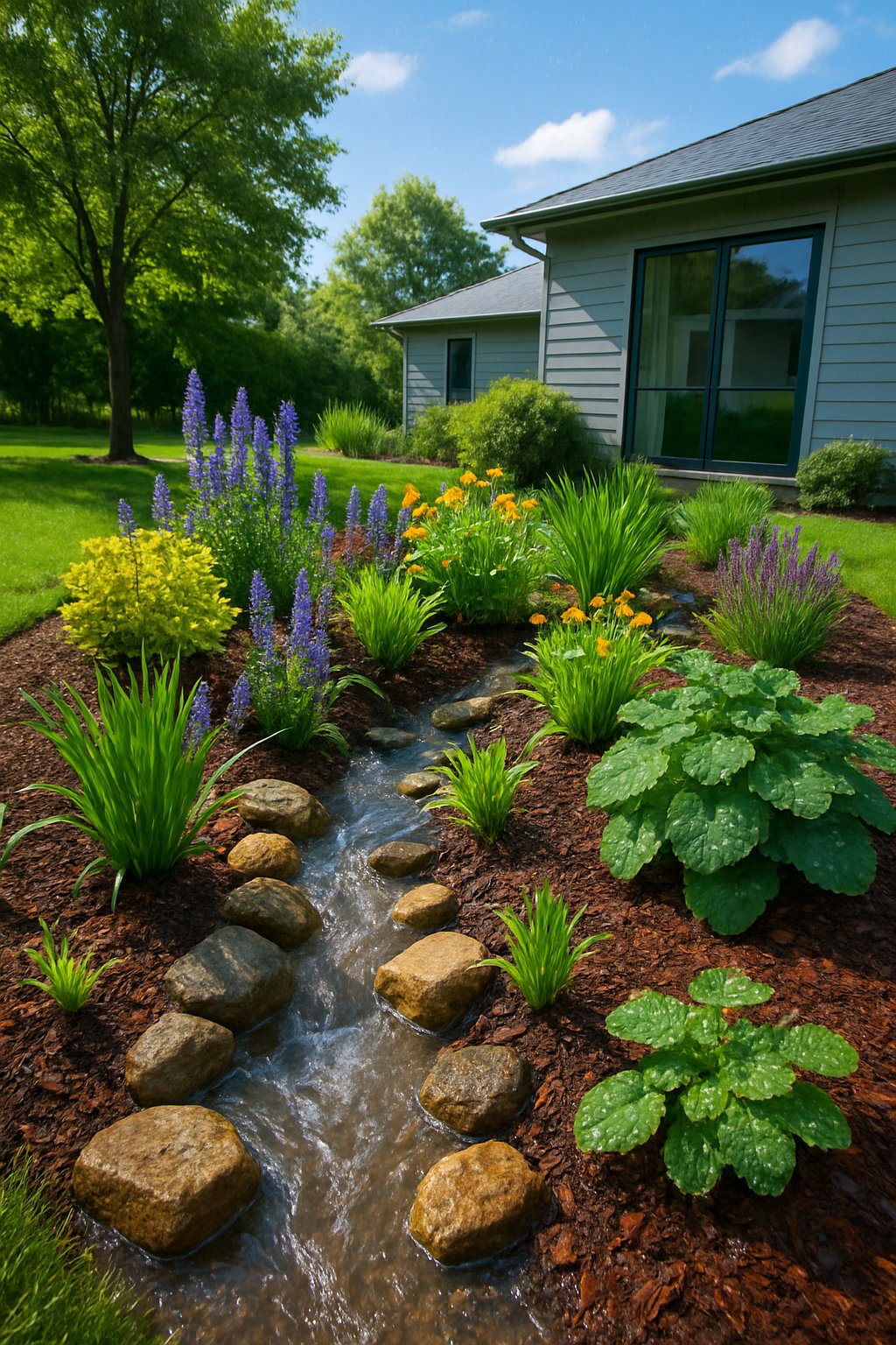 A backyard rain garden with lush plants and flowing water designed to manage drainage near a modern home.