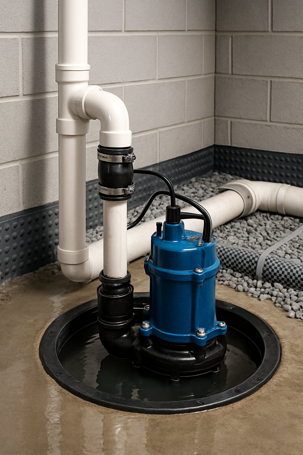 A sump pump installed in a basement wet zone with water drainage pipes and gravel surrounding the sump basin.
