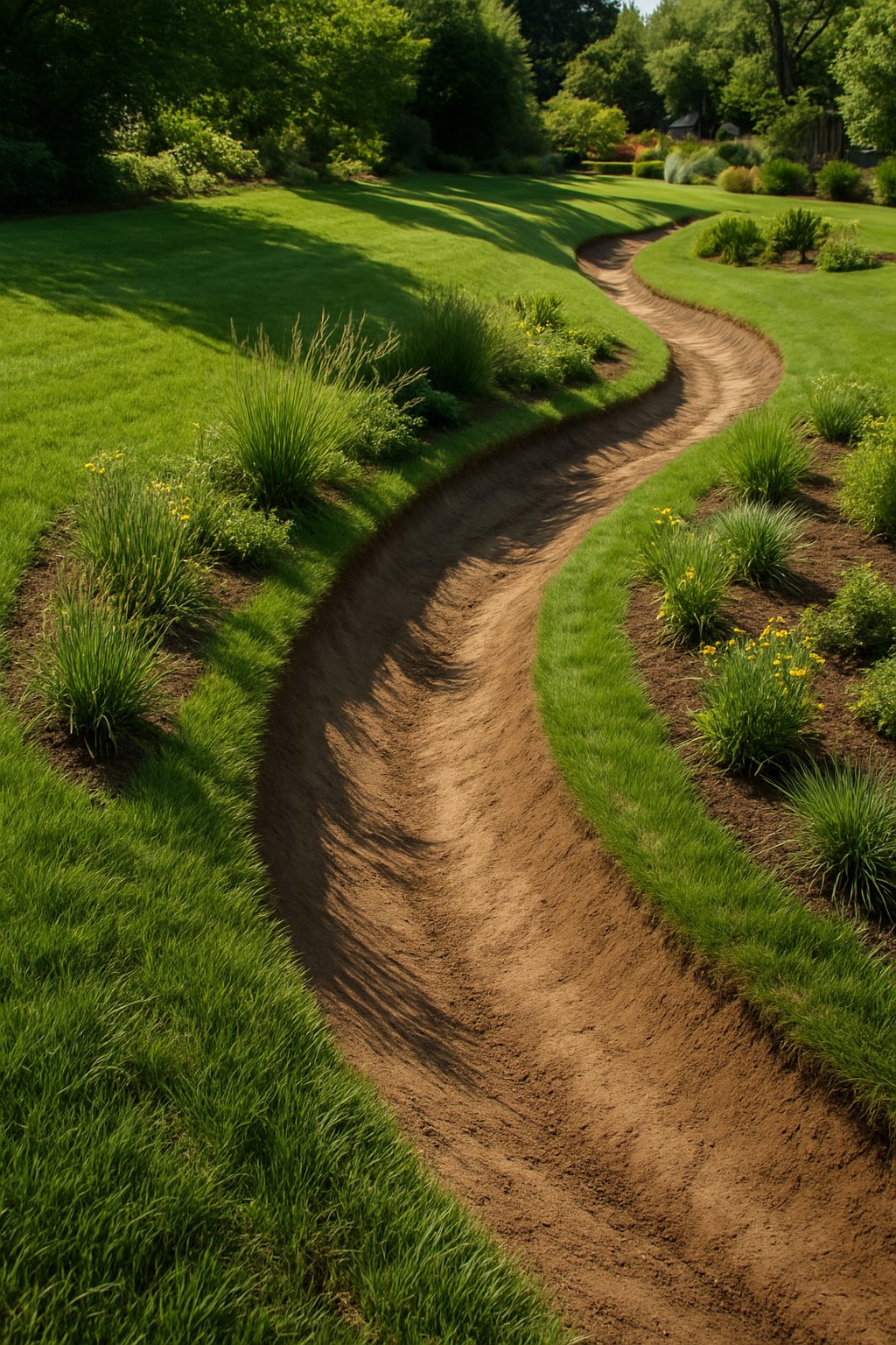 A shallow ditch called a swale surrounded by green grass and plants, gently guiding water through a landscaped area.