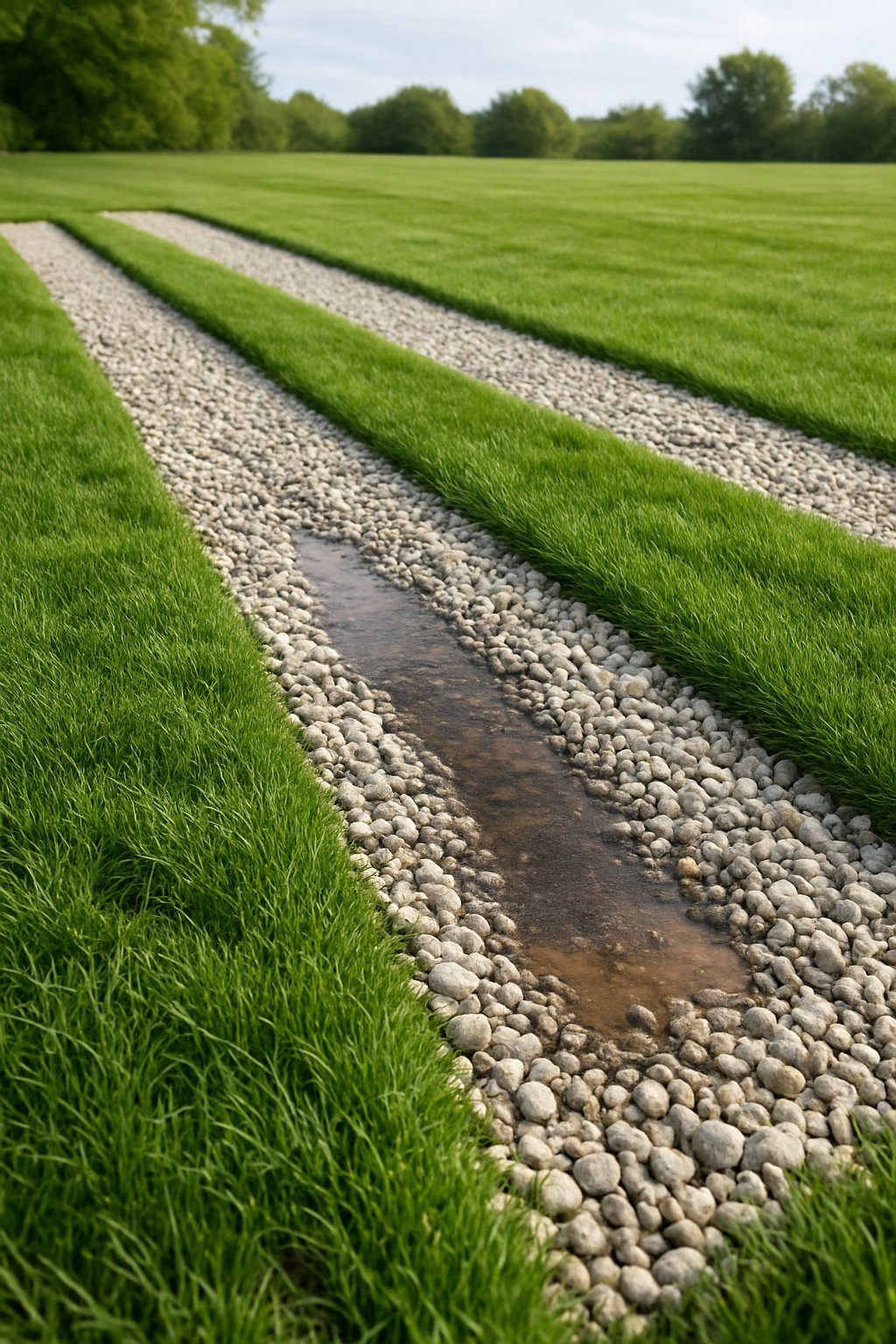 Outdoor scene of gravel-filled trenches surrounded by green grass, designed to absorb rainwater.