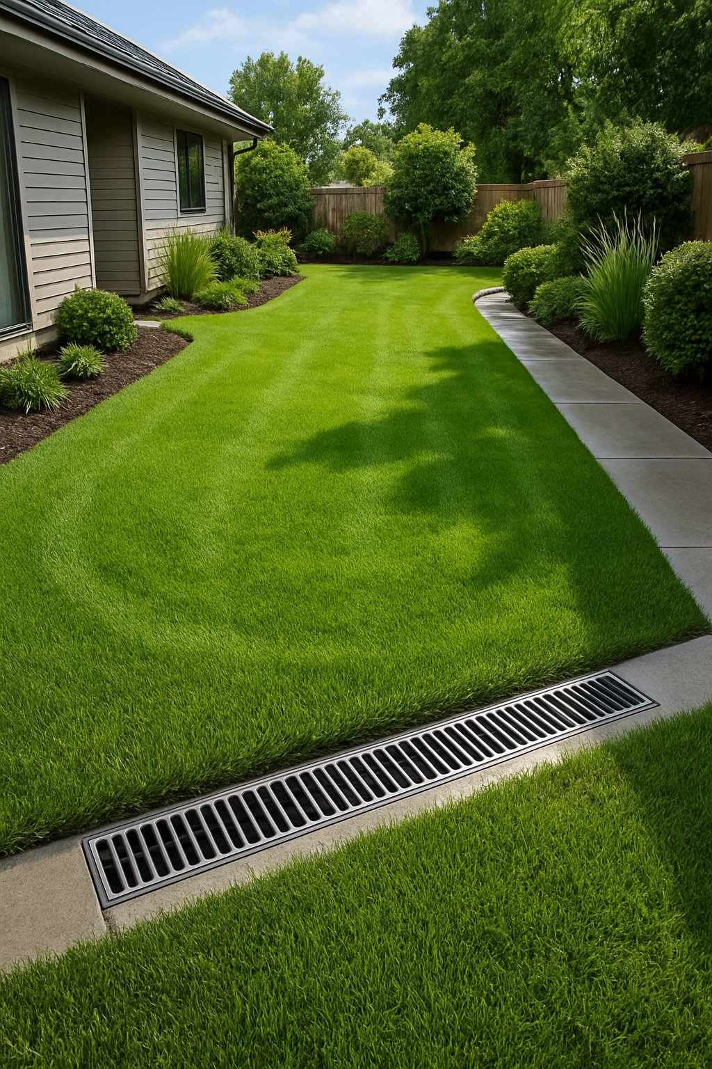 A backyard with green grass and surface drains preventing water accumulation after rain.