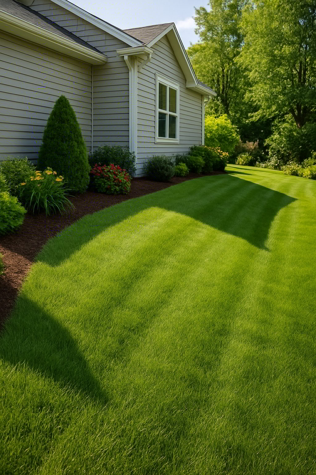 A residential yard with a sloped lawn directing water away from a house, surrounded by green grass and landscaped plants.