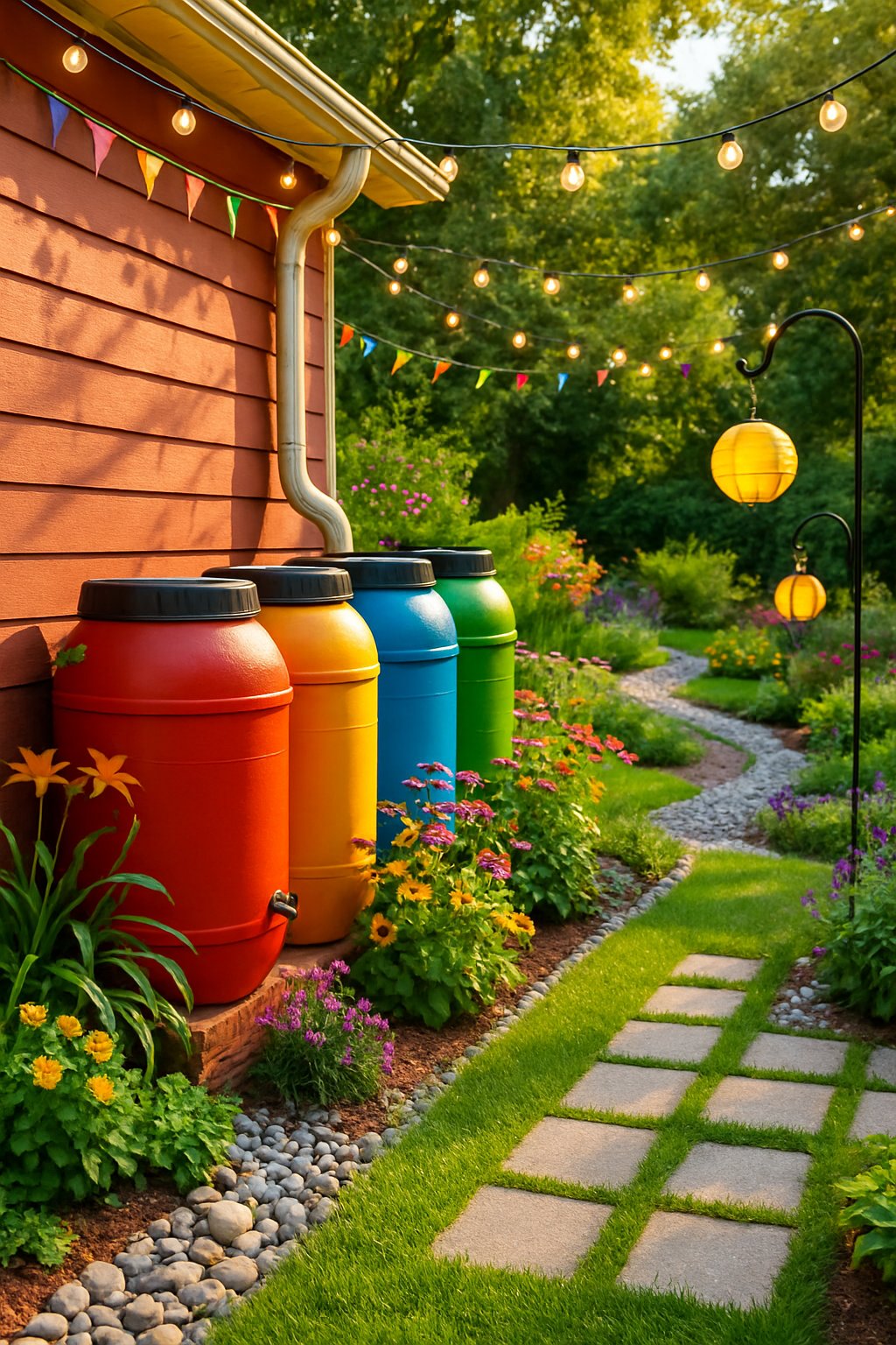 Backyard with colorful rain barrels collecting rainwater, surrounded by plants and yard drainage features.