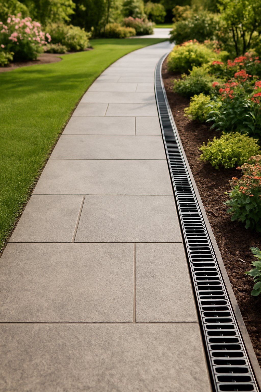 Outdoor stone pathway with channel drains along the edges surrounded by grass and garden plants.