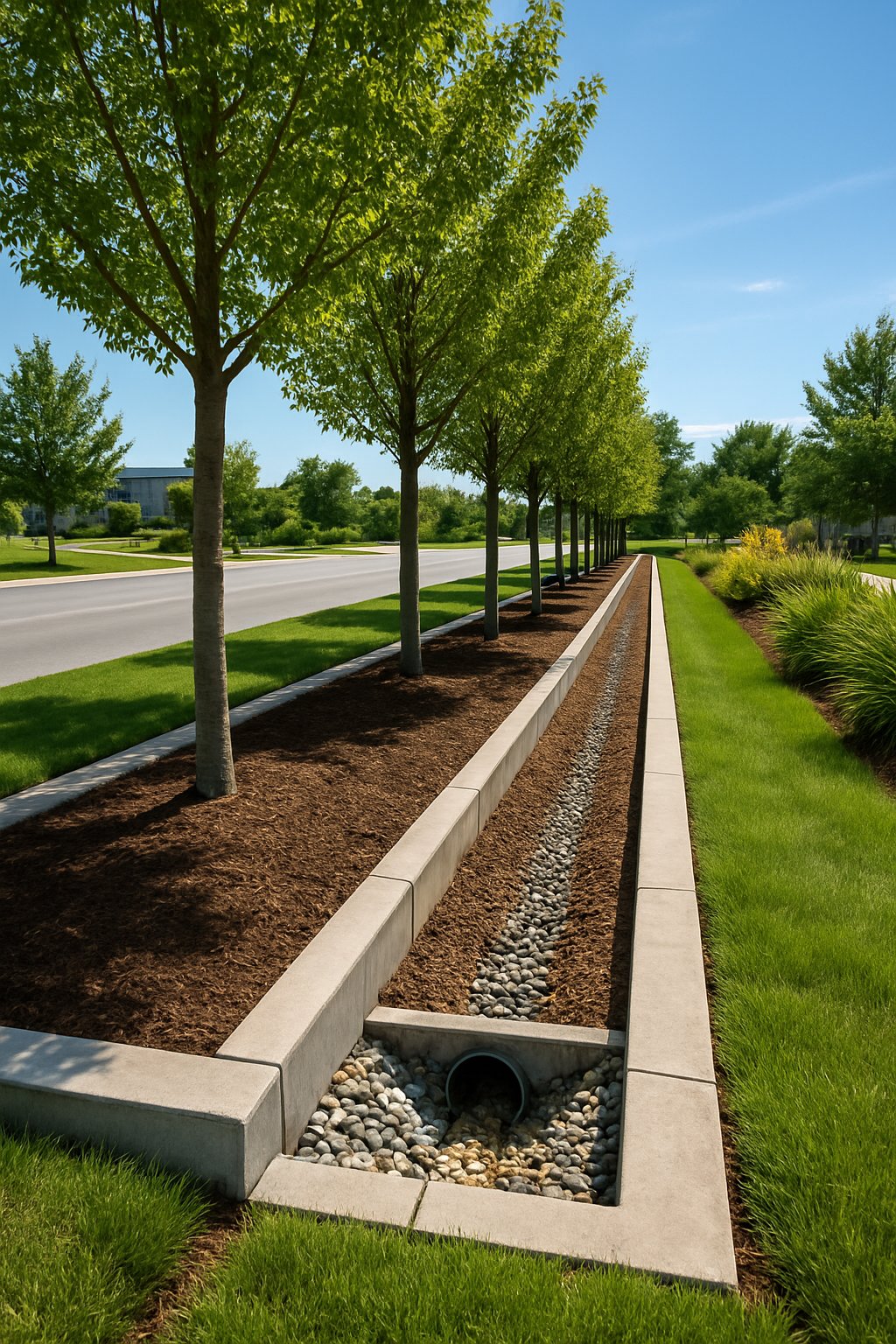 A row of trees planted in narrow trenches with soil and mulch, designed to manage water drainage in a clean, green outdoor area.