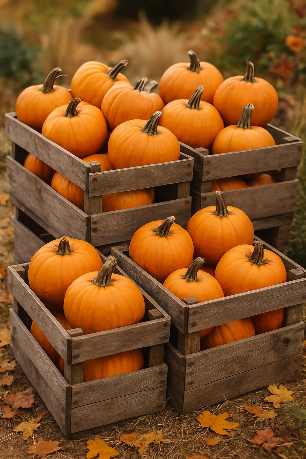 Wooden crates filled with orange pumpkins stacked outdoors surrounded by autumn leaves.