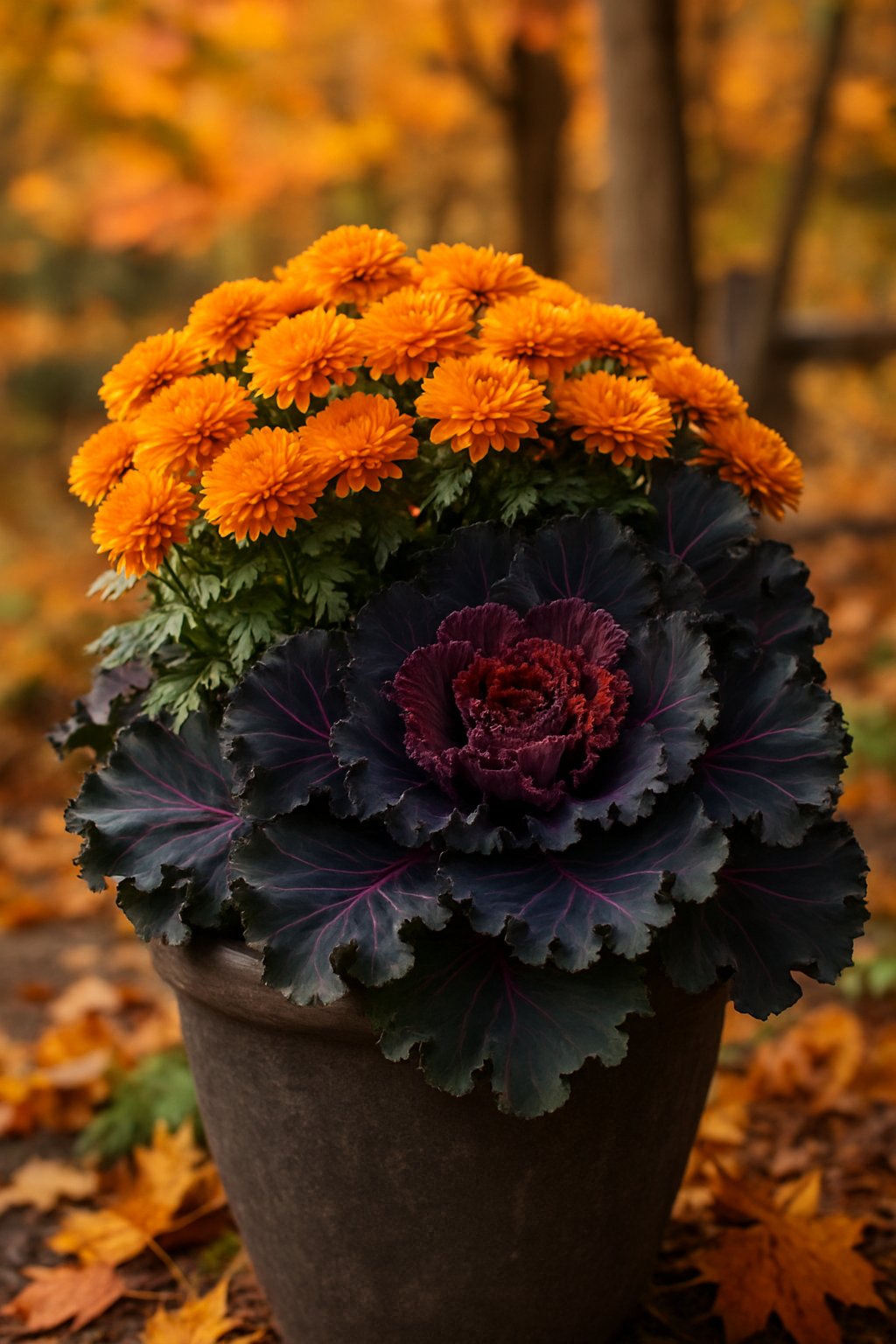 An outdoor fall planter with bright orange mums and deep purple kale surrounded by autumn leaves.