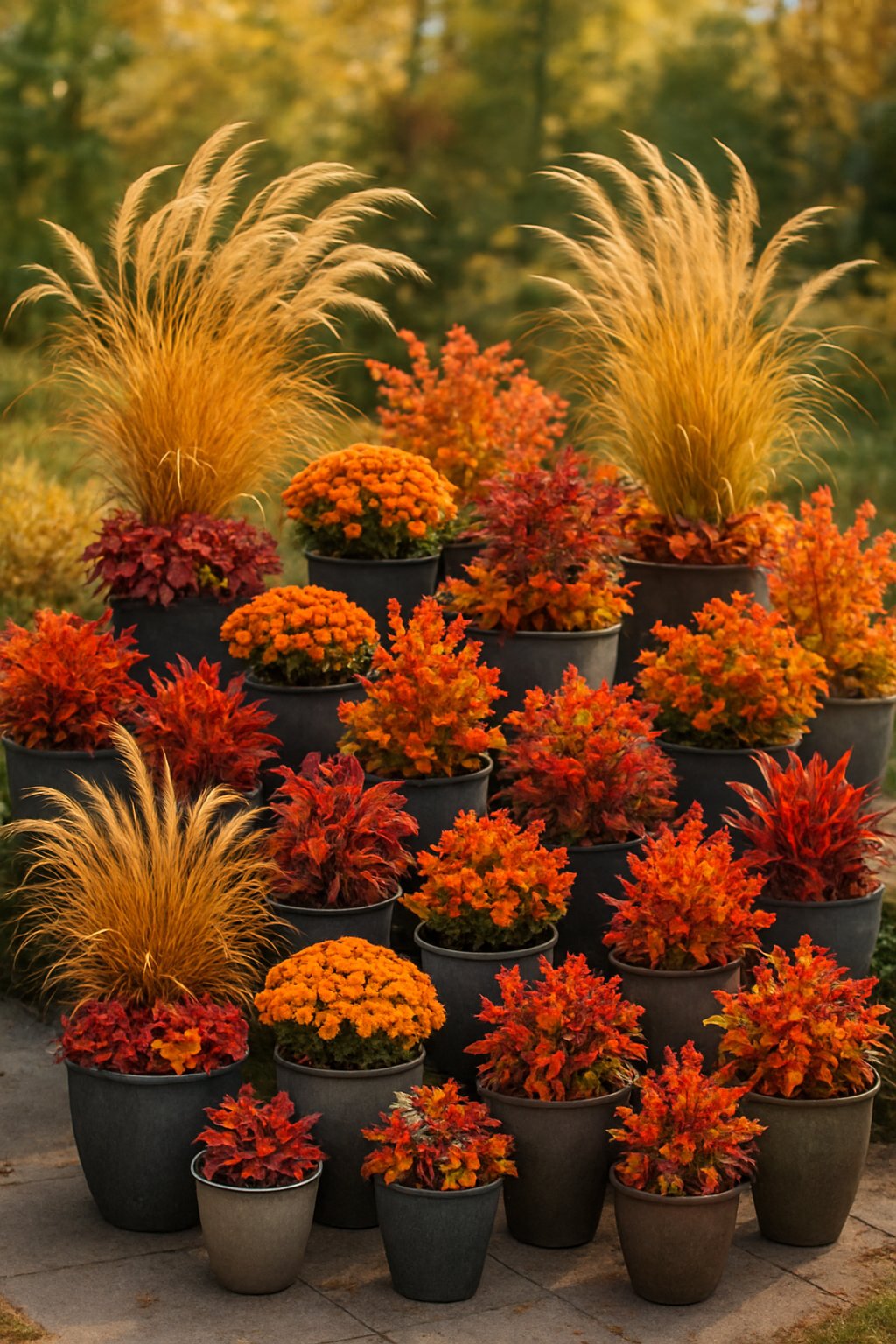Outdoor fall planters filled with colorful autumn plants and ornamental grasses gently swaying in the breeze.