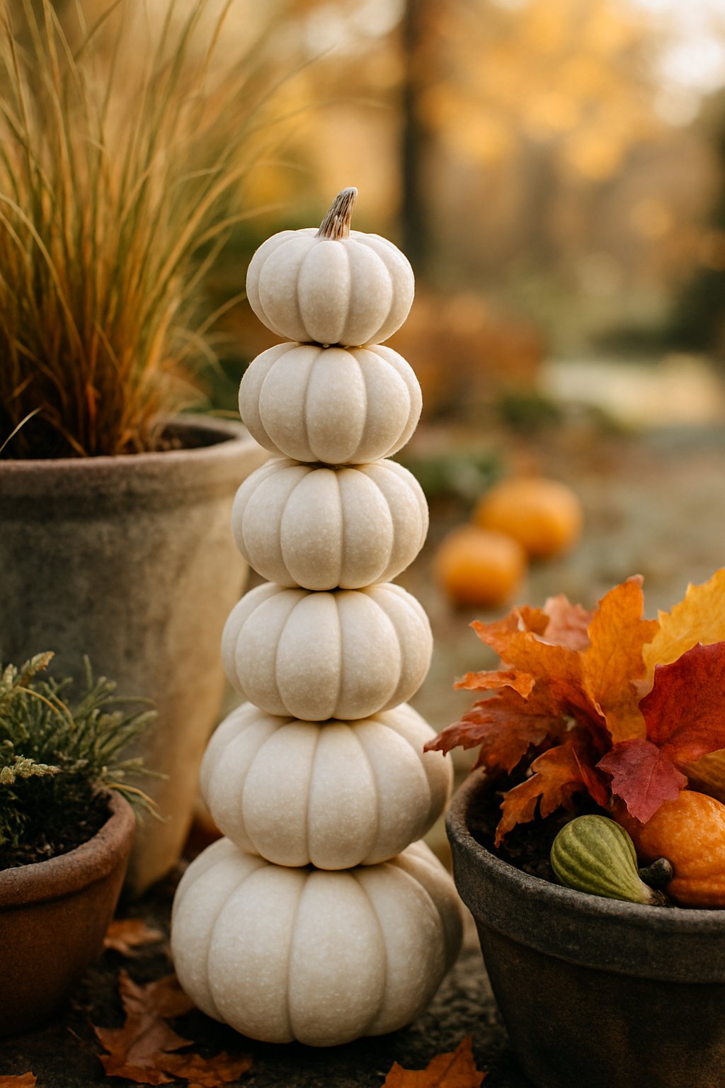 A stack of small white pumpkins arranged outdoors with fall planters and autumn plants around them.