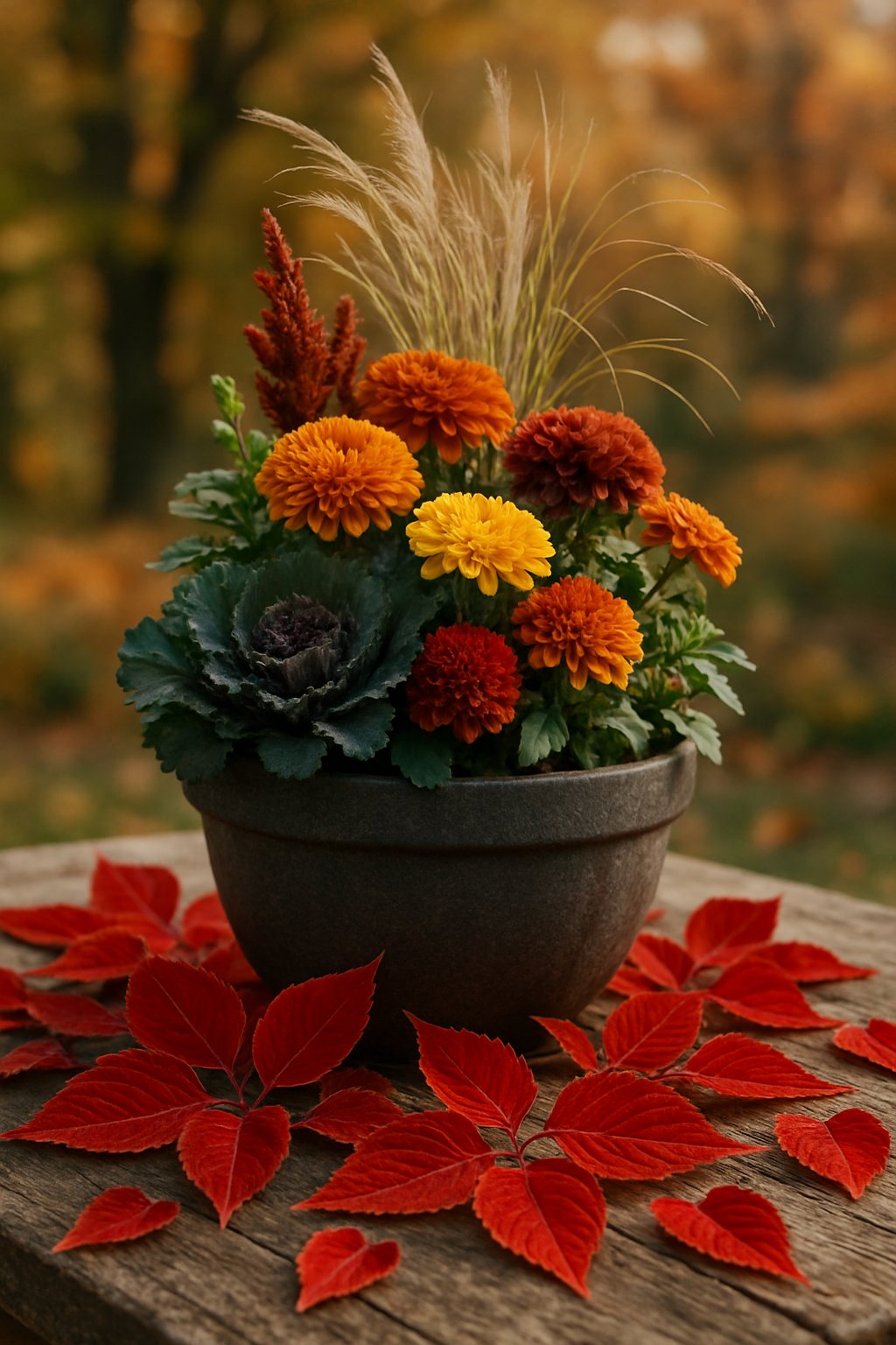 A fall outdoor planter surrounded by scattered bright red coleus leaves on a wooden surface with autumn foliage in the background.