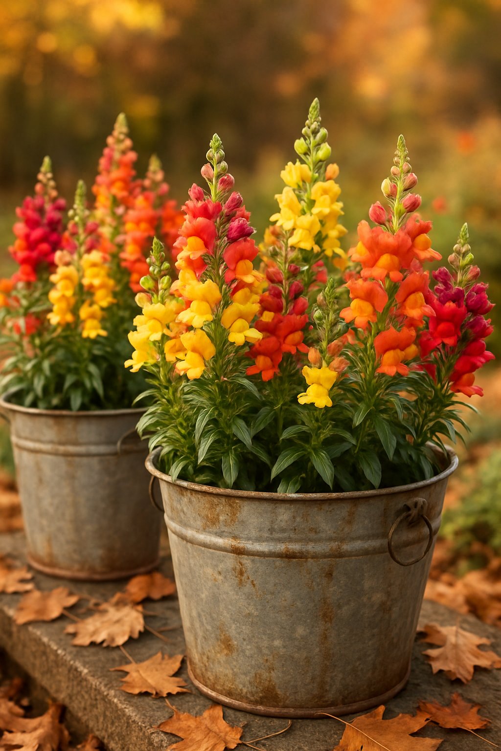 Weathered metal buckets filled with colorful snapdragons arranged outdoors among fallen leaves.